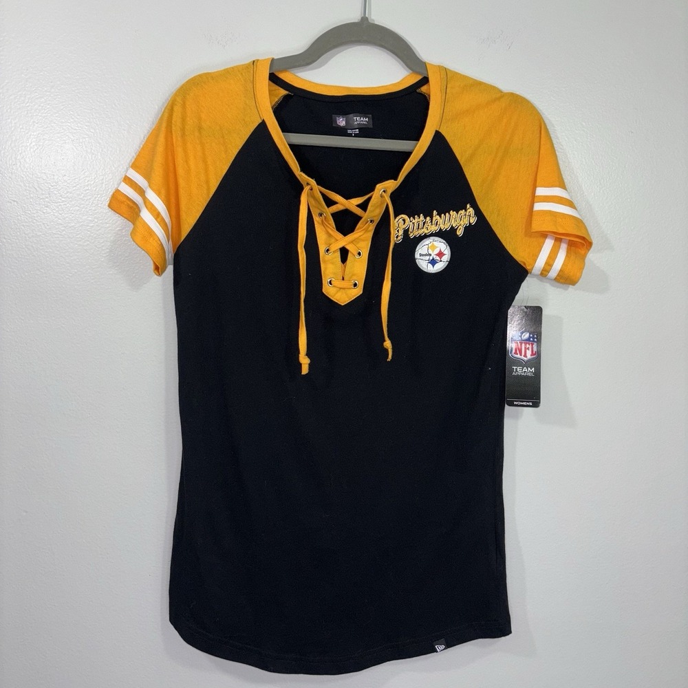 Women's‎ NFL Pittsburgh Steelers Black & Yellow Lace-Up T Shirt Size Small NWT